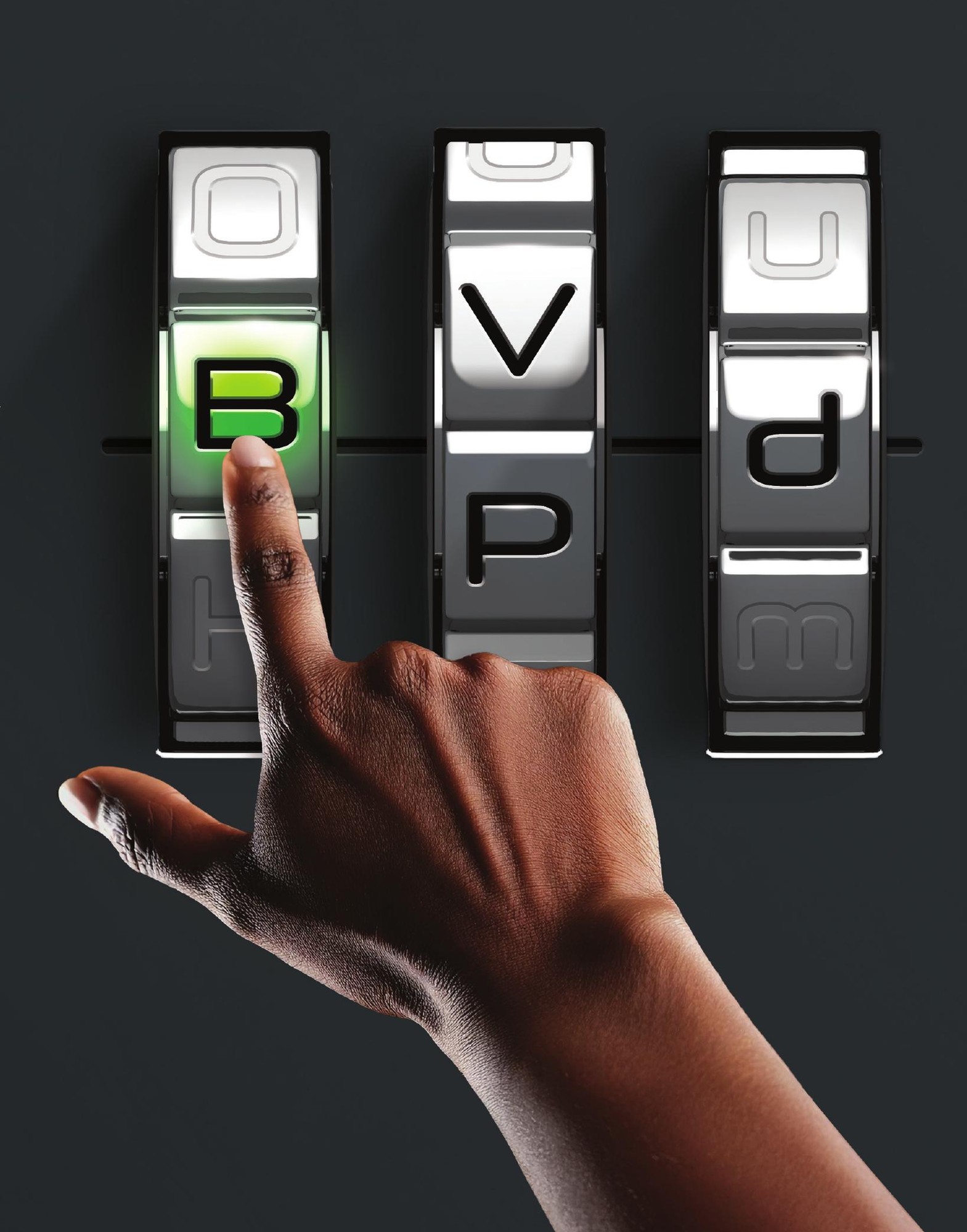Hand turning a combination lock dial showing letter B, with V and P on adjacent dials — a metaphor for unlocking BLENREP combination therapy.