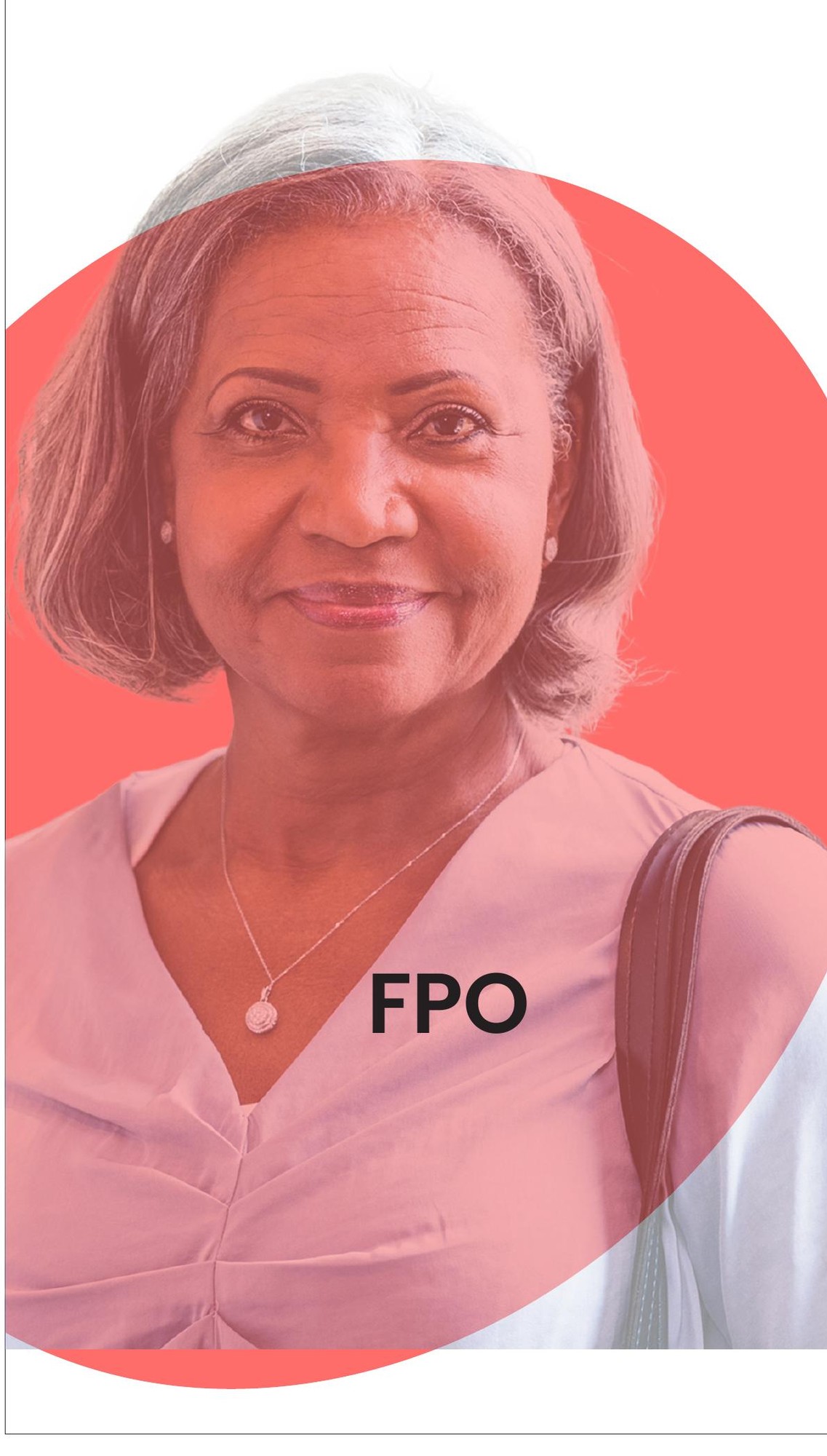 Portrait of Beatrice — a fictitious 70-year-old female patient with multiple myeloma — set against a coral oval backdrop.