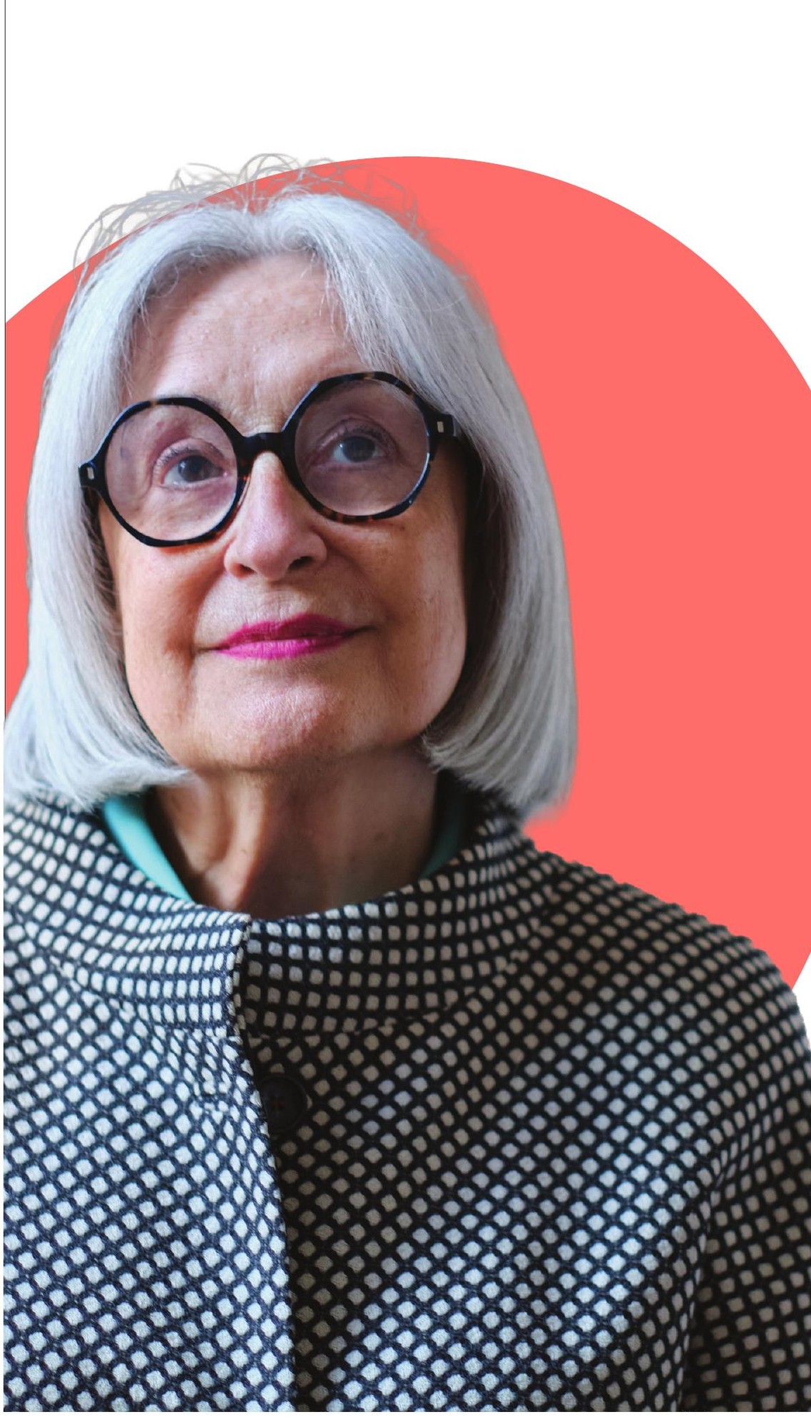 Portrait of Bonnie — a fictitious 67-year-old female patient with multiple myeloma — set against a coral oval backdrop.