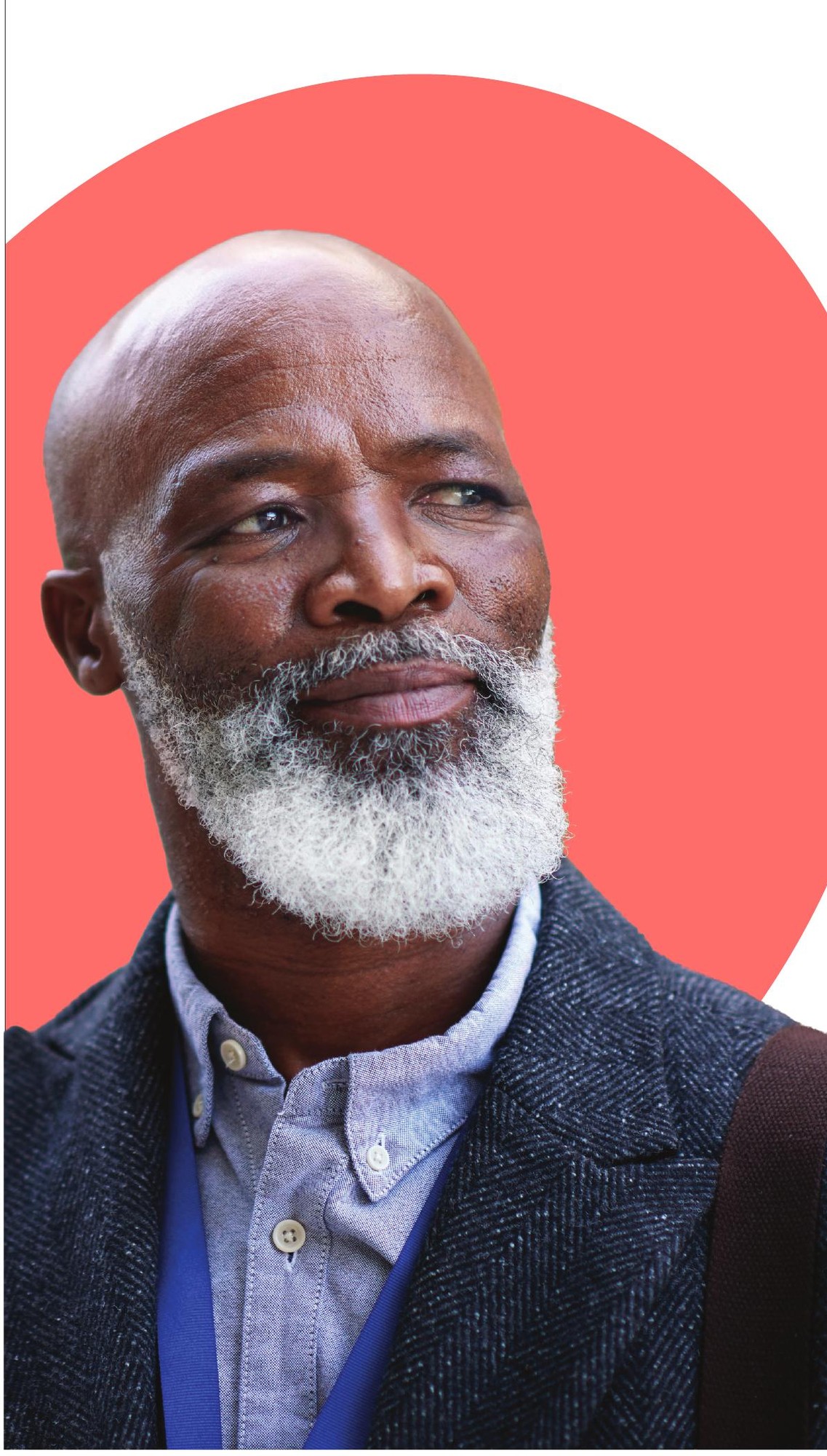 Portrait of Bryant — a fictitious 59-year-old male patient with multiple myeloma — set against a coral oval backdrop.